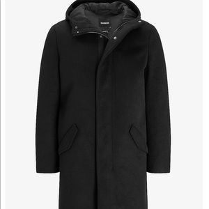 Black Wool-Blend Hooded Topcoat